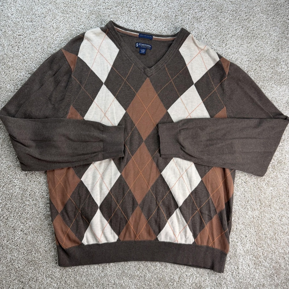 Stafford Signature Sweater Mens XL Brown Argyle Tight Knit V Neck Pullover